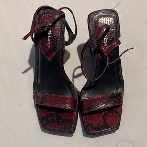 bebe Burgundy Snakeskin Square Toe Ankle-Strap Heels